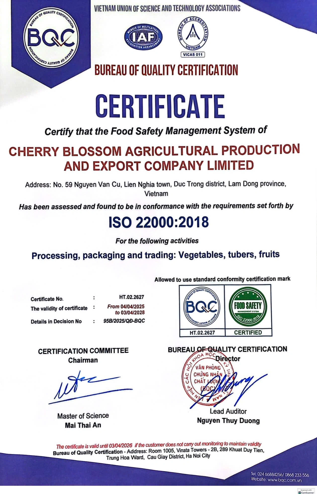 giấy chứng nhận quản lý an toàn thực phẩm tiêng anh