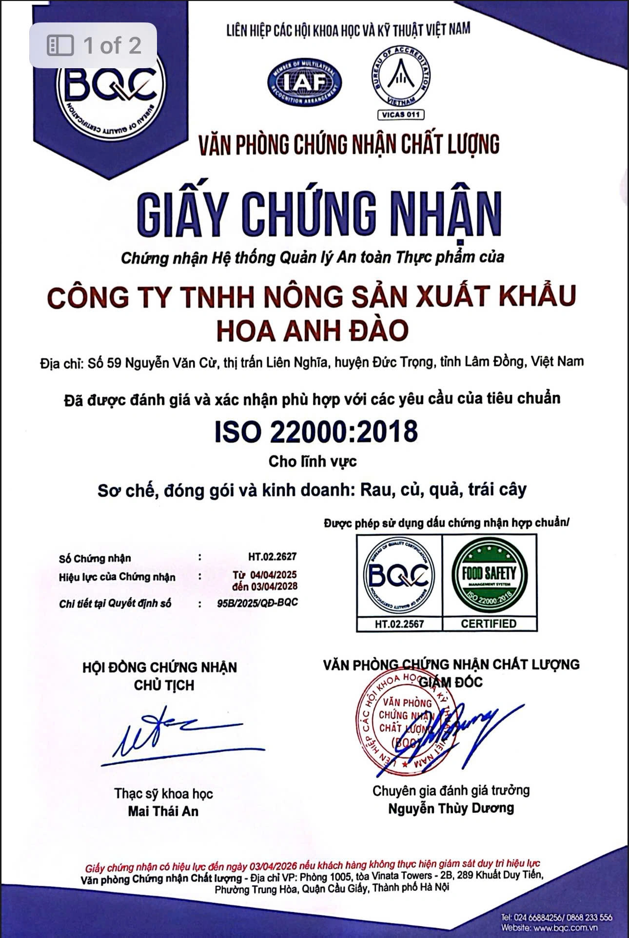 giấy chứng nhận quản lý an toàn thực phẩm